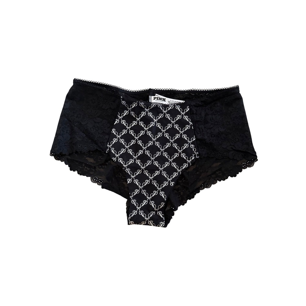 Victoria's Secret PINK Black Lace Cheeky Panties Monogram Bow Print XL New